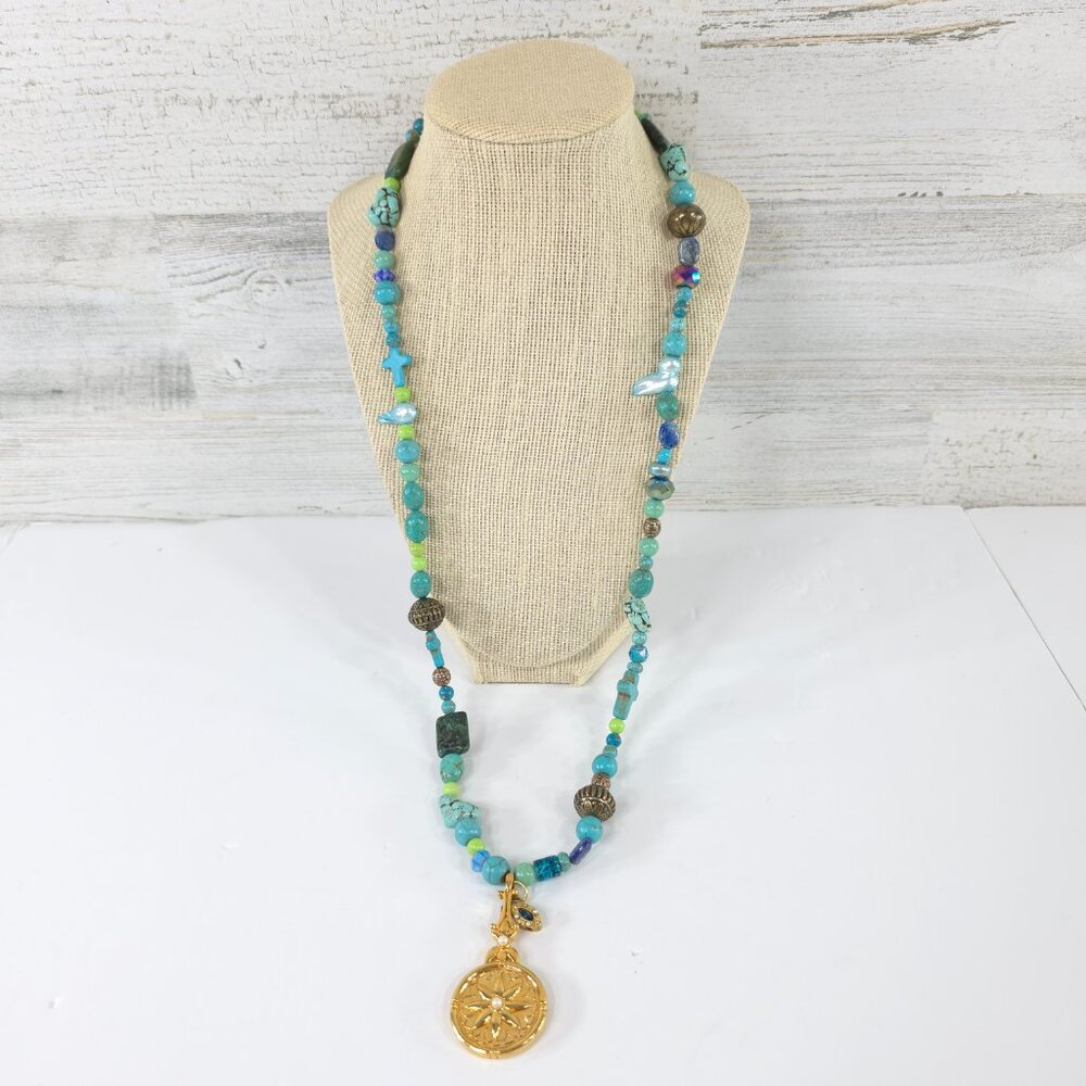 TURQUOISE FRESHWATER PEARLS CRYSTAL RHINESTONE NECKLACE W/ MIRROR GOLDEN PENDANT